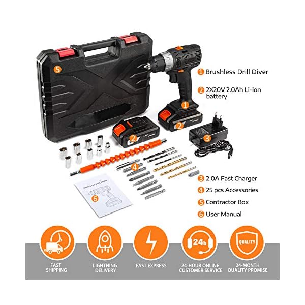 OUBEL Bürstenloser Akkuschrauber, 20V 60Nm Akku Bohrschrauber Brushless Set 25Pcs, Bohrschrauber, 60Min Ladegerät… – Bild 6