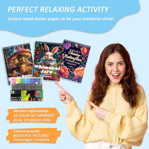 Image of 3Pcs Adult Coloring Book for Women Relaxation, Spiral Bound Adult Coloring Books for Women with 36 Markers, 36 Dual Tip Colors Markers, Mindfulness Gifts - 72 Patterns