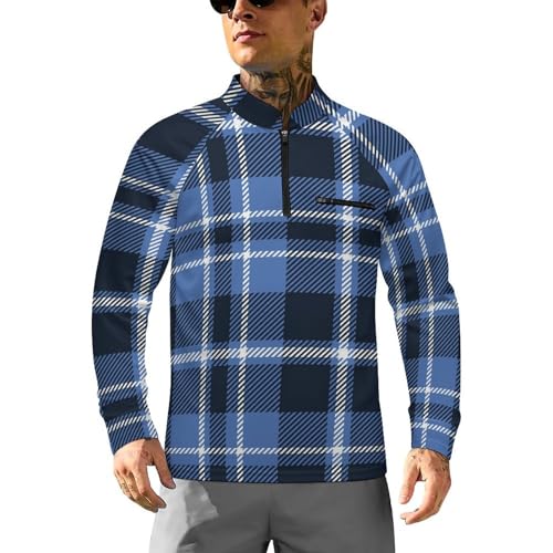 Mens Long Sleeve Mesh Fishing Shirts Navy Blue White Checkered Rash Guard Fishing Running Tshirt Sun Protection Tee