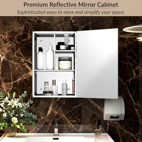 Image of Dropin (16x24 Inch, Chrome Finish 304 Stainless Steel Bathroom Mirror Cabinet, Heavy-Duty Storage Cabinet /Wall Mounted Mirror Bathroom Cabinet Separate Compartments for Storage