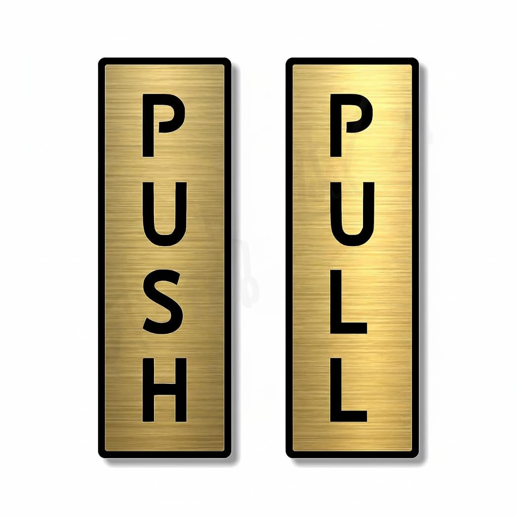 BerryBox Premium Brush Gold Finish and Black Acrylic Push Pull Door 6" x 2" Sign Easy to Mount Self-Adhesive Tape for Hotel Office Corporate Resort-image-9