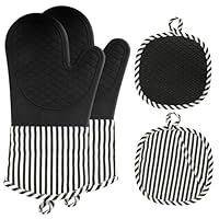 AiQInu Ofenhandschuhe Topflappen Set, Ofenhandschuhe Silikon Bis 230°C, Zwei Handschuhe und Zwei Topflappen, Topfhandschuhe Hitzebeständig für Kochen Backen