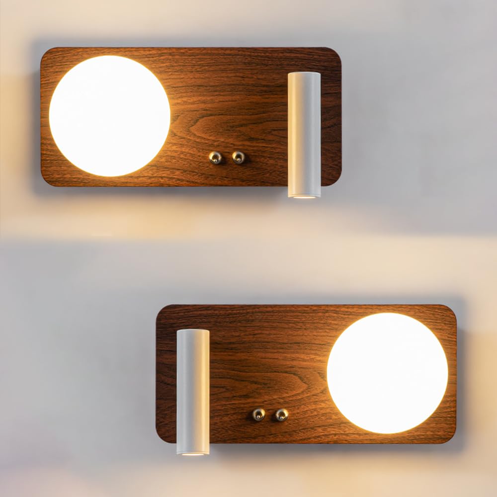 Mjsdjof 2 Way Wall Sconces, A Pair of Wall Mounted Reading Light with Glass Globe Shade - LED Bedroom Bedside Wall Lamp with Switch, Adjustable Headboard Wall Lights for Hotel Study Room