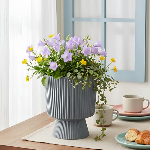 Image of Xtore Striking Pedestal Ceramic Planter Pot for Indoor Plants | Elevated Ribbed Flower Pot for Home, Office Desk & Balcony Decor (Matte Grey - Planter only)