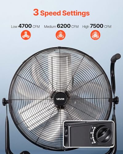 Image of VEVOR Industrial Shop Fan, 24 Inch Floor Drum Fan, High Velocity 7500 CFM, Heavy Duty Aluminum Blades, 3 Speeds, 360 Degree Tilt, Ideal for Commercial, Garage, Warehouse, Basement, Workshop, Black