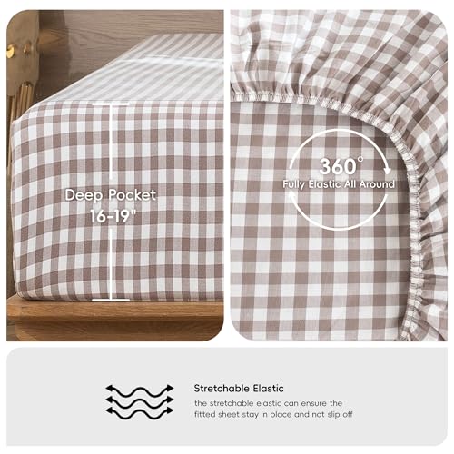 Image of MooMee Gingham Sheet Set 100% Washed Cotton Linen Like Textured Breathable Soft w /Fully Elasticized 16-19 inch Deep Pocket (Classic Gingham Brown, Queen)