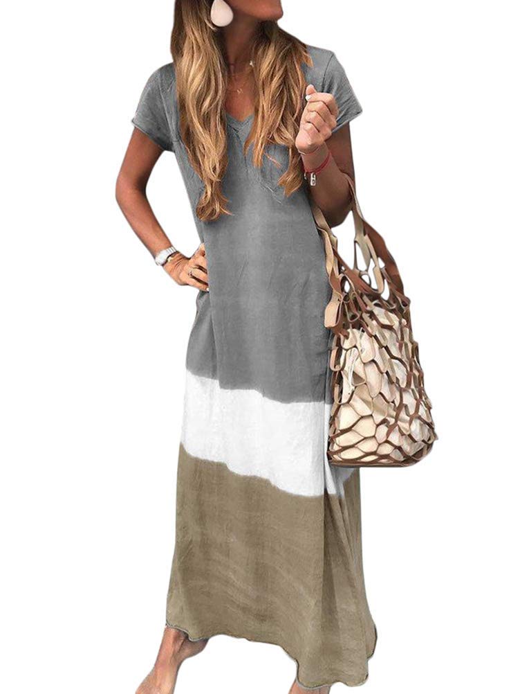Onsoyours Mujeres Boho Vestido Verano Elegante Casual Playa Cuello V Manga Corta Largos Verano Suelto Maxi Vestido Playeros