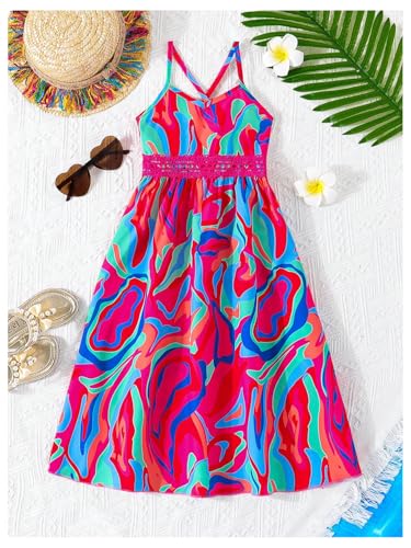 Girl's Boho Crisscross Strap Summer Sundress Graphic Sleeveless Ruffle Hem Swing Cami Dress3