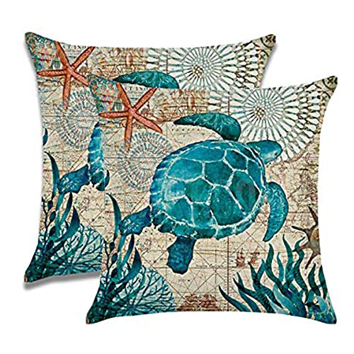 7COLORROOM 2pack Sea Turtle Pillow Cases Ocean Theme Home Decorative Throw Pillow Covers 20”×20” Coastal Nautical Cushion Covers for Patio Sofa Couch