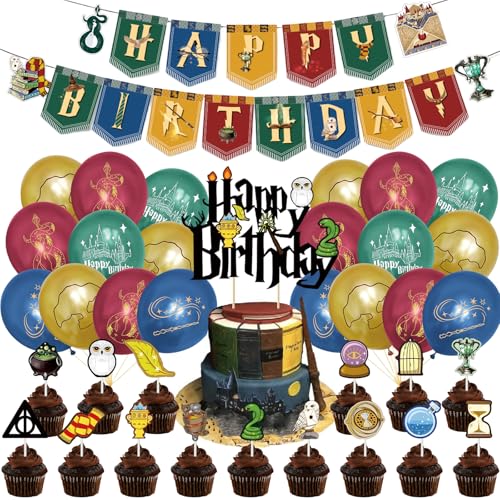 AXERHK Wizard Birthday Party Decoration 38 PCS Happy Birthday Banner Balloons Cake Topper Ribbon Magic Theme Party Decorations for Girls Boys