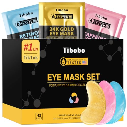 Under Eye Patches(48 Pairs), 24K Gold, Caffeine, Retinol Eye Masks for Puffy Eyes, Wrinkles, Dark Circles, Undereye Bags Treatment - Restoring &amp; Awakening &amp; Moisturizer Skin Care Gift for Women
