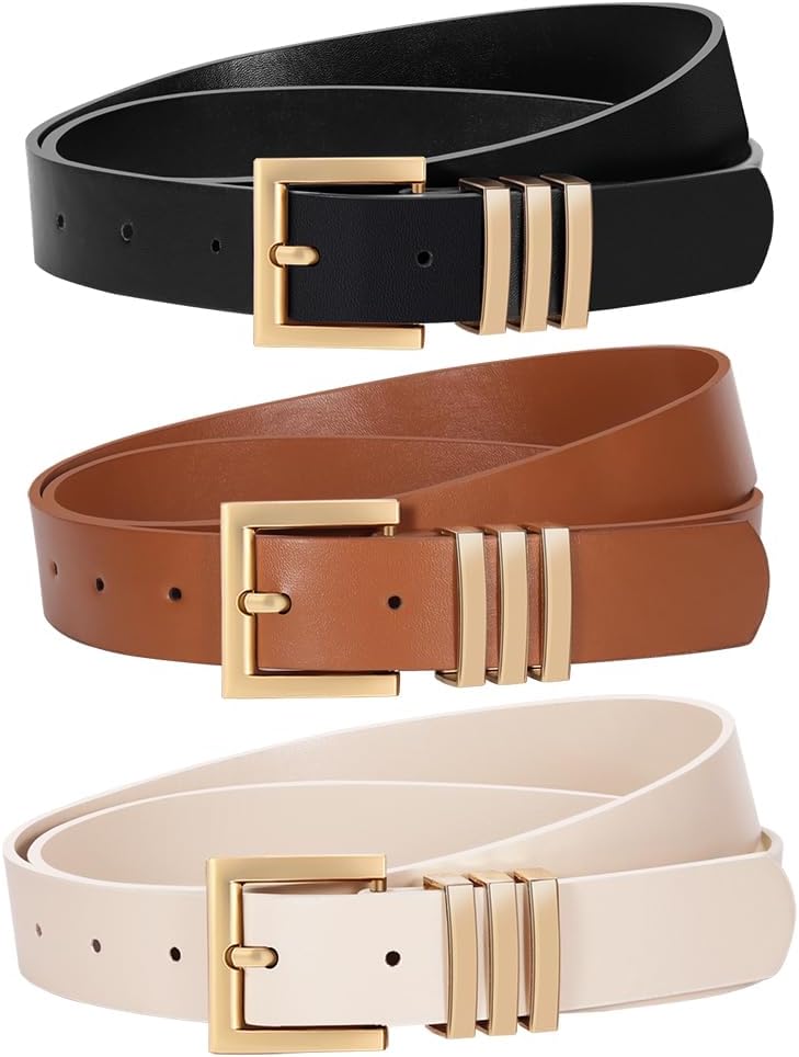 3 Pack Women Leather Belt for Jeans Pants Dresses Fashion Ladies Waist Belts with Gold Buckle for Waist Size 25"-31" F-black+brown+beige(square Gold Buckle)