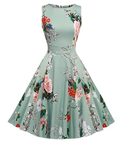 Women's Vintage Dress 1950's Hepburn Retro Rockabilly Floral Party Skater Dresses Green