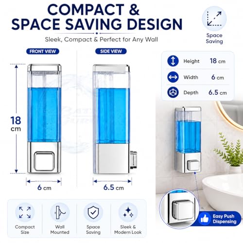 Image of BATH GURU Wall Mounted Soap Dispenser 350ml (Pack of 4) | Manual Liquid Soap, Sanitizer & Hand Wash Dispenser | ABS Plastic Shampoo Conditioner Dishwash Dispenser for Bathroom, Kitchen | Chrome Finish
