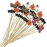 ハロウィン カクテルピック フルーツピック 100本 木製 つまようじ 可愛い かぼちゃ おばけ 魔女の帽子 コウモリ 爪楊枝 竹串 フルーツスティック カクテルスティック 使い捨て ケーキトッパー デザート 菓子 果物 前菜 ピック 飾り パーティー用 (A)