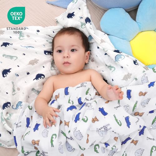 Image of david's kids 4 Pack Baby Muslin Swaddle Blankets, 100% Cotton and Ultra Soft Breathable Receiving Blanket Wrap for Boys Girls, New Born Essentials, Large 47 x 47 inches, Woodland /Elephant /Giraffe