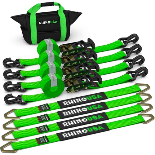 Rhino USA Car Tie Down Straps for Trailers with J Hooks (4-Pack) – 2" x8' (10,000lb Break Strength) – Heavy Duty Car Hauler Tire Straps with Axle Straps for UTV, Powersports & More – Green