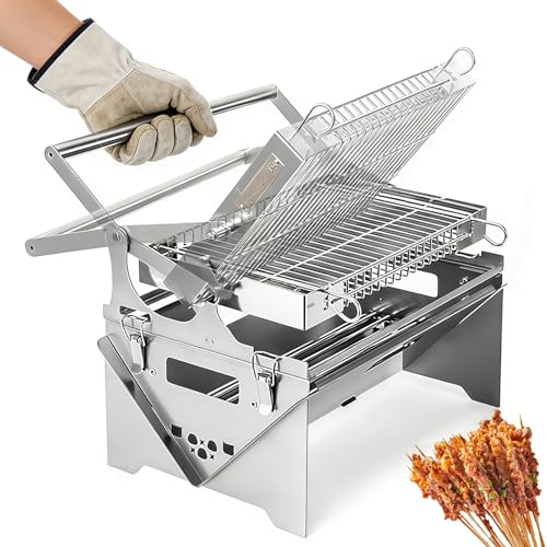 Parrilla manual de carbón giratorio, barbacoa giratoria de 360° con cesta ajustable, doble cara, desmontable, para picnic, camping, terraza