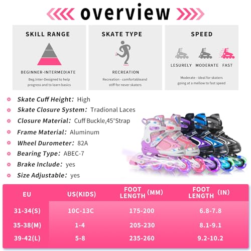 Image of Nattork Roller Skates for Girls with Light Up Wheel, Outdoor & Indoor Adjustable Inline Skates for Toddler Kids Youths Ages 6-10 7 8 9, Beginners Pink