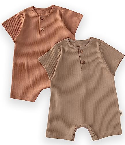 Image of Cigit Concept Ribbed Newborn Baby Rompers Set - 2-Pack, Unisex Knitted Rompers, Summer Baby Rompers - Brown/Mink
