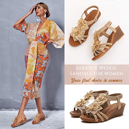 Saralris Wedge Sandals For Women Open Toe Mid Heel Elastic Band Flower Rhinestones Casual Beach Sandals #TOP1