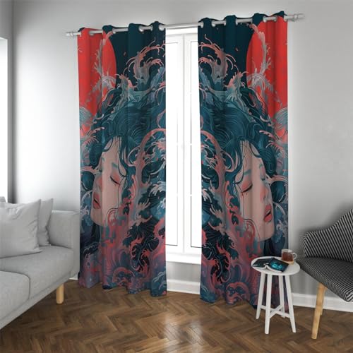 CHERHERART Cortinas Opacas con Estampado de Chica Anime Japonesa Ondas abstractas Patrón de Sol Rojo Cortinas de Dormitorio Paneles Juego de 2 para niños y Adolescentes Habitación 2xB140xH200
