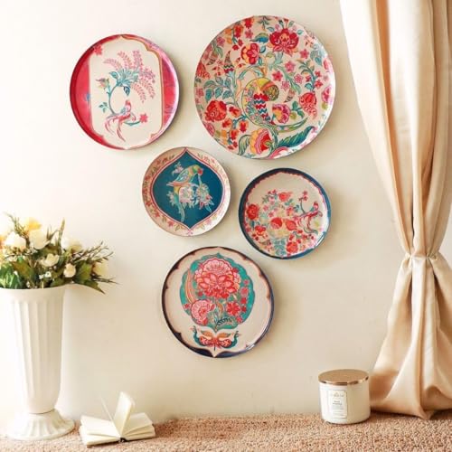 Image of RITUALISTIC Birds of Paradise Metal Wall Plates Set of 5 | 12 inch+10 inch+8 inch Handpainted Madhubani Wall Sculpture | Ethnic Indian Bird Art for Living Room & Bedroom | Housewarming Diwali Wall Decor Gift