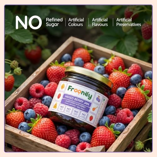 Image of Frooney Mixed Berry Jam Sweetened with Honey | 100% Pure Natural Jam | No Refined Sugar | Real Berry Blend | No Artificial Colours or Preservatives | Small Batch Fruit Spread | Clean Label Breakfast Jam /350g