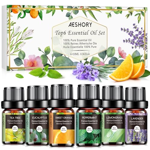 AESHORY Aceites Esenciales para Humidificador TOP 6 x 10ML, Aceite Aromáticos Natural, Set de Aceites Esenciales Aromaterapia para Difusor, SPA - Lavanda, Menta, Árbol de Té, Eucalipto, Naranja Dulce