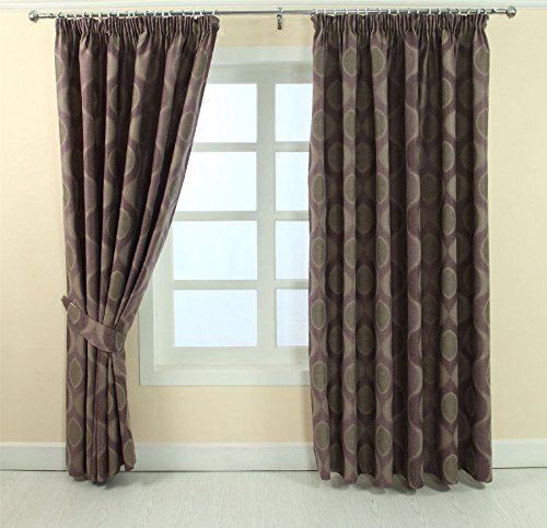 HOMESCAPES Purple Patterned Pencil Pleat Curtain Pair, Contemporary Style Circular Swirl Design - Width 117 x Drop 228 cm (46 x 90 Inch)