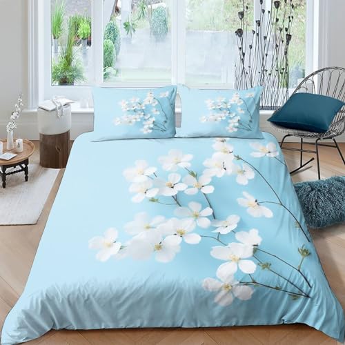 Parure de lit fleurs blanches 220x240 housse de couette microfibre King