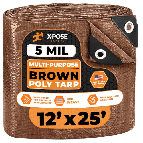 Image of Multipurpose Protective Cover Brown Poly Tarp 12' x 25' - Durable, Water Resistant, Weather Resistant - 5 Mil Thick Polyethylene - by Xpose Safety