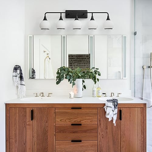 Image of Black Bathroom Light Fixtures 5-Lights Vanity Lights with Milky White Frosted Glass Shade Bathroom Vanity Light 39.2 inch Wall Sconce Lighting Bath(Exclude E26 Bulb)