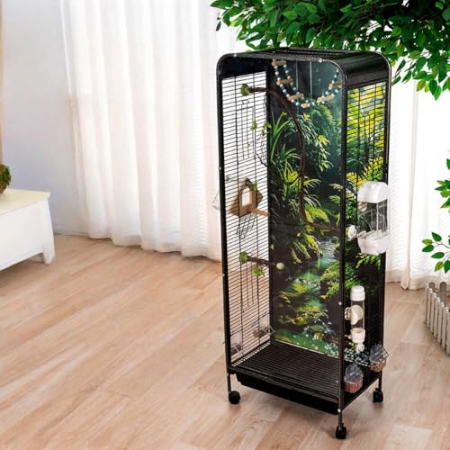 AOUGN鳥かご 、鳥ケージ 大型 、森の背景ボード、掃除しやすい引き出し付き、移動に便利なユニバーサルホイール付き、簡単なインストール、屋内と屋外での使用に最適、オカメインコ、セキセイインコ、セキセイインコ、小型および中型鳥の給餌用(フードボックス+人工