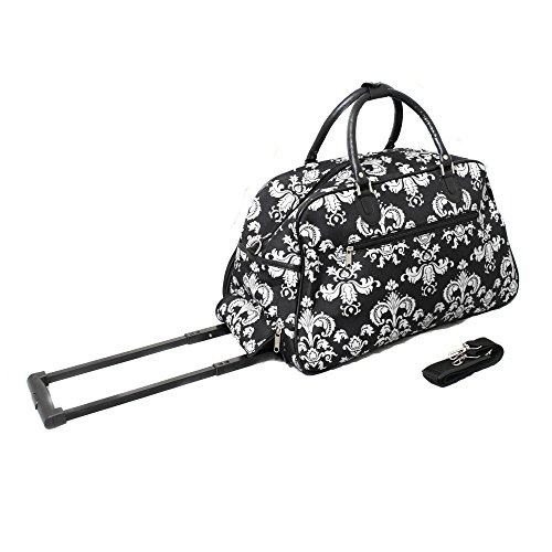 World Traveler 21-Inch Carry-On Rolling Duffel Bag, Black White Damask Ii #TOP4