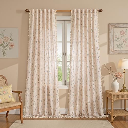 Image of MYSKY HOME Floral Boho Farmhouse Curtains 96 Inches Long Linen Blend Light Filtering Living /Dining Room Bohemian Window Treatments with Tassel Back Tab, 50 inch Wide Each Panel, 2 Panels, Dusty Pink