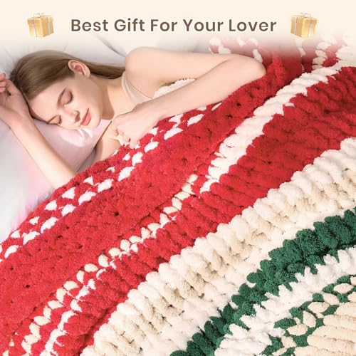 Image of L'AGRATY Chunky Knit Throw Blanket for Couch, 60 x 80 Inches, Red Green