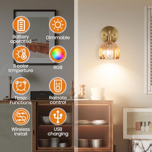 Image of Vintage Wall Sconce Set of Two, Battery Operated Wall Sconce with Amber Tulip Glass Lampshade Rechargeable Wall Light with Remote Control for Bedroom,Living Room, Hallway, Aisle