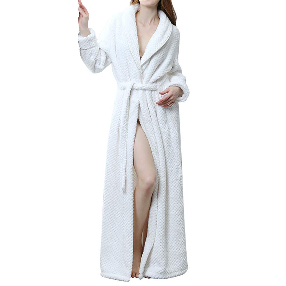 Women Soft Fleece Sleepwear Ladies Winter Flannel Dressing Gown Fleece Bathrobe Full Length Loungewear White XL