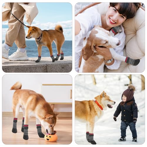 Voarge 4 Stück Hundesocken mit rutschfesten, Socken für Hunde Verstellbarer, wasserdichte Antirutschsocken für kleine, mittlere und große Hunde, L