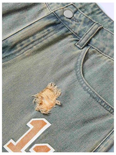 BEAUDRM Men\'s Vintage Graphic Jean Shorts Ripped Baggy Denim Shorts Jorts with Pockets Multicoloured Large - Thumbnail 5