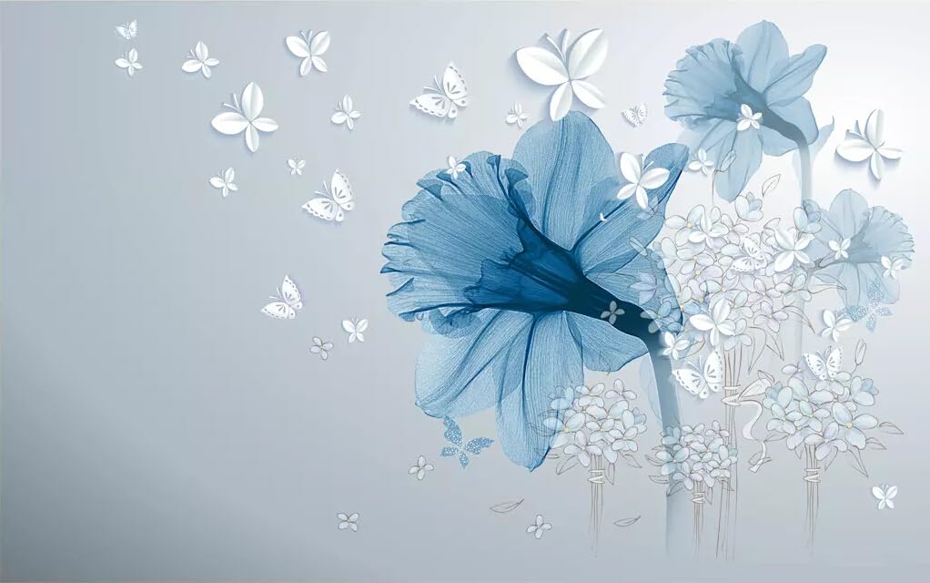Papier Peint Panoramique Papillon Fleur Bleue pour agrandir un petit salon