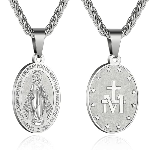 RS Virgin Mary Necklace for Men Boys Miraculous Medal Stainless Steel Mary Mother of God Pendant Mary Charm