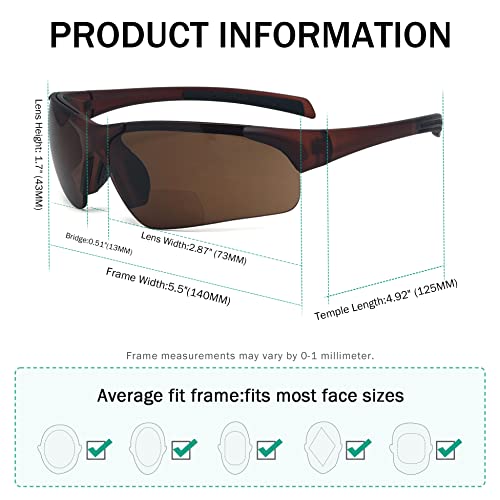 Eyekepper TR90 Unbreakable Sports Half-Rimless Bifocal Sunglasses Baseball Running Fishing Driving Golf Softball Hiking Brown Frame Brown Lens +1.754