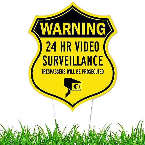 Image of Warning, 24 Hr Video Surveillance Sign, 7x13, Heavy Duty Integrated Ground Stakes, Indoor /Outdoor Use, Rust Free Aluminum Composite, Made in USA by My Sign center