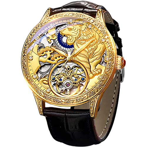 Men's Gold Luxury Tourbillon Watch Tiger Carved Moon Phase Self-Winding Mechanical Automatic Watches Retro Tattoo Skeleton Large Dial Leather Belt Wristwatch