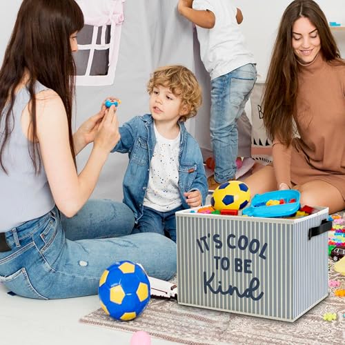 Image of Inspirational Kids Nursery Storage Bins Box with Handles, It's Cool to Be Kind Blue Striped Collapsible Basket Organizer for Kids Boys Room Bedroom Playroom Bathroom Books Clothes