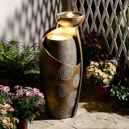 Tankana Outdoor Water Fountain Feature Indoor Garden Large Jar Floor Standing Fountains Waterfall with LED Light & Pump for Home Decor Office Yard Patio Deck Porch, Goldish-Bronze, 32 inches