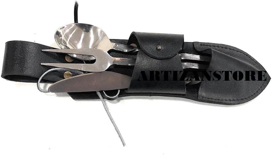 Hand Forged Medieval Iron Eating Cutlery Set with Leather Belt Pouch, Viking Feast ware, Art Collection, Antiquity, Fork, Knife and Spoon Medieval Eating Utensil Set, Great Gift as Collectible