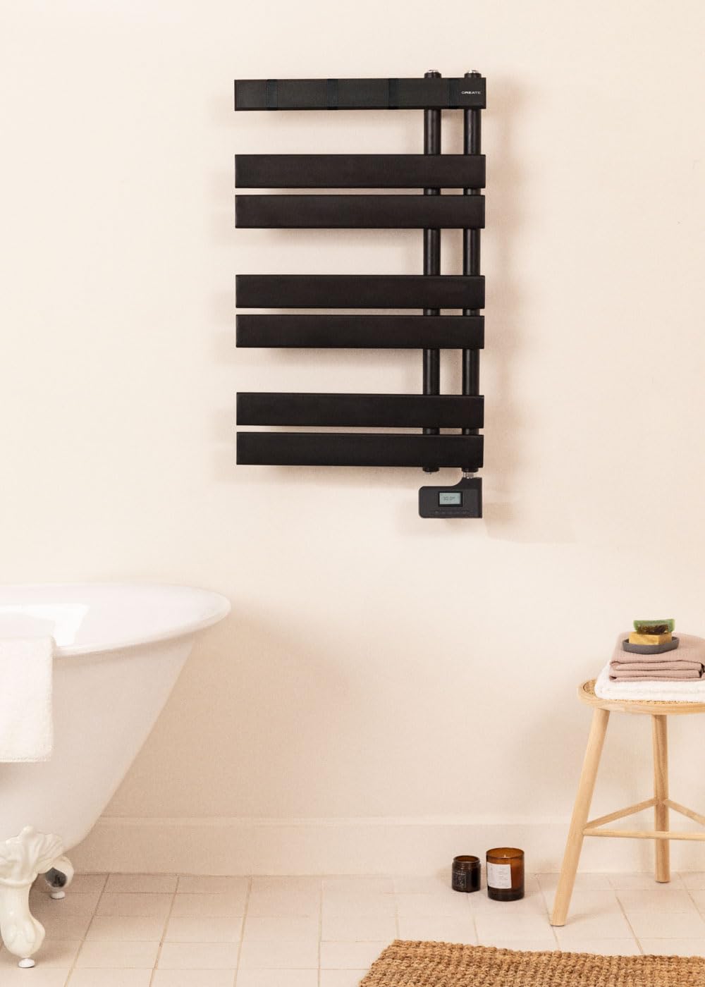CREATE / Warm Towel Modern/Porte-Serviettes électrique Noir / 80x50 cm / 2 en 1, 6 Modes de Fonctionnement, écran LCD, minuterie jusqu'à 24h, 400W